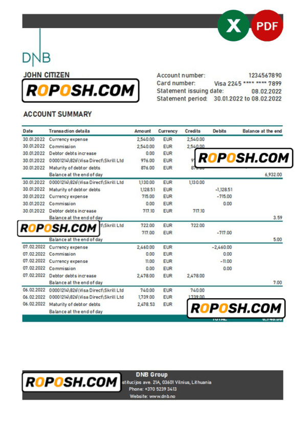 Lithuania DNB bank statement Excel and PDF template