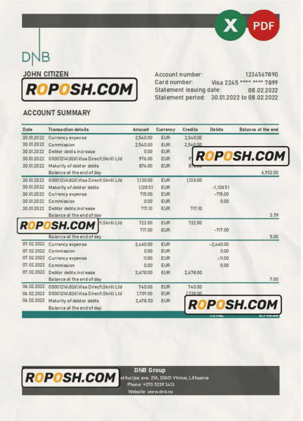 Lithuania DNB bank statement Excel and PDF template