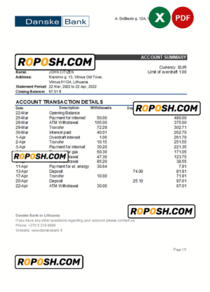 Lithuania Danske bank statement Excel and PDF template