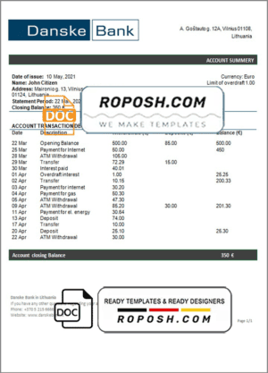 Lithuania (Litva) Danske bank statement template in Word and PDF format