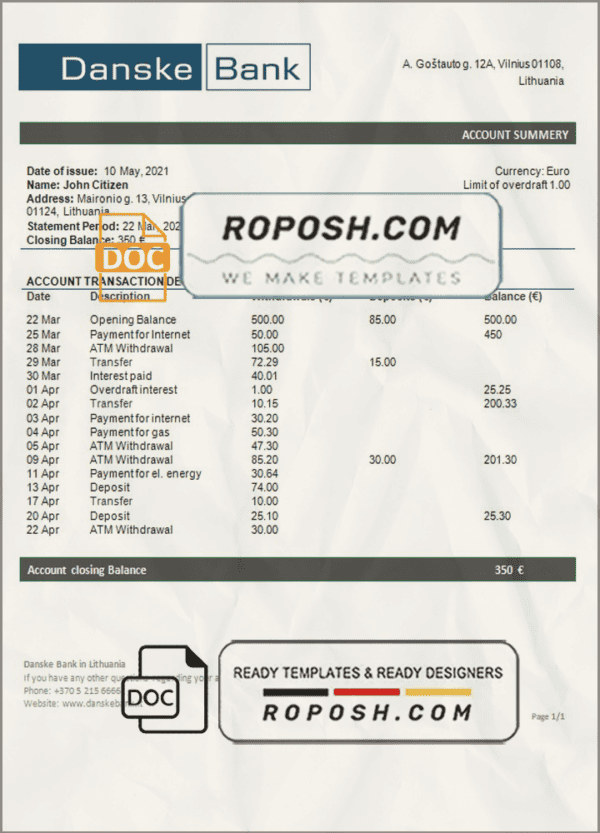 Lithuania (Litva) Danske bank statement template in Word and PDF format
