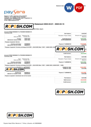 Lithuania Paysera account statement, Word and PDF template