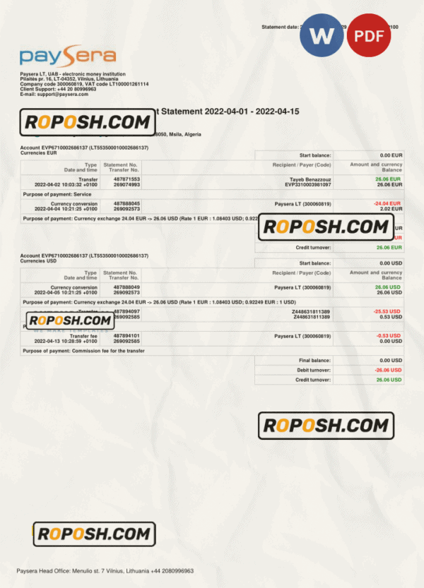 Lithuania Paysera account statement, Word and PDF template