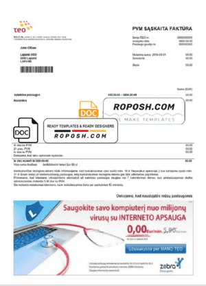 Lithuania Teo utility bill template in Word and PDF format (.doc and .pdf)