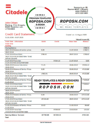 Lithuania (Litva) Citadele bank credit card statement template in Word and PDF format