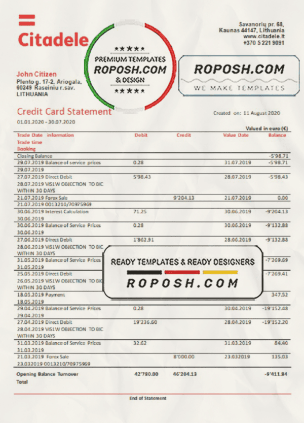 Lithuania (Litva) Citadele bank credit card statement template in Word and PDF format