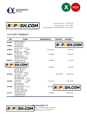 Luxembourg Advanzia bank statement Excel and PDF template