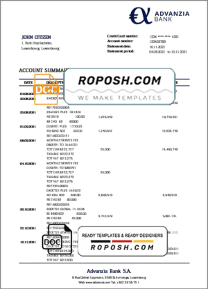 Luxembourg Advanzia bank proof of address statement template in Word and PDF format, .doc and .pdf format