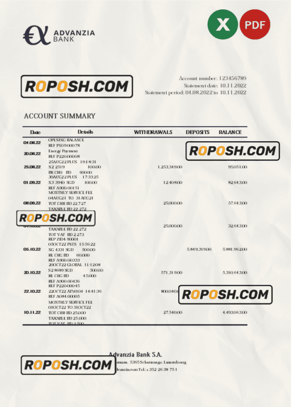 Luxembourg Advanzia bank statement Excel and PDF template