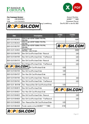 Luxembourg Fortuna Banque bank statement Excel and PDF template