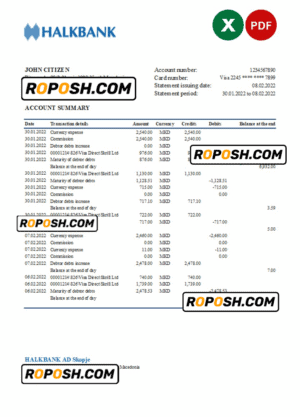 Macedonia Halkbank bank statement Excel and PDF template