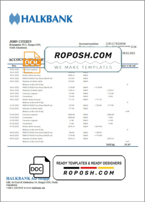Macedonia Halkbank bank statement template in Word and PDF format