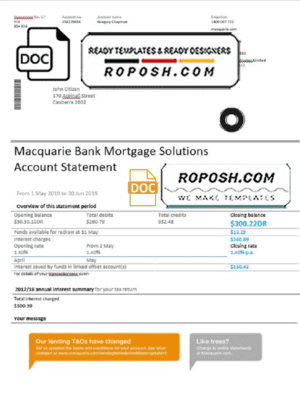 Australia Macquarie proof of address bank statement template in Word and PDF format (.doc and .pdf)
