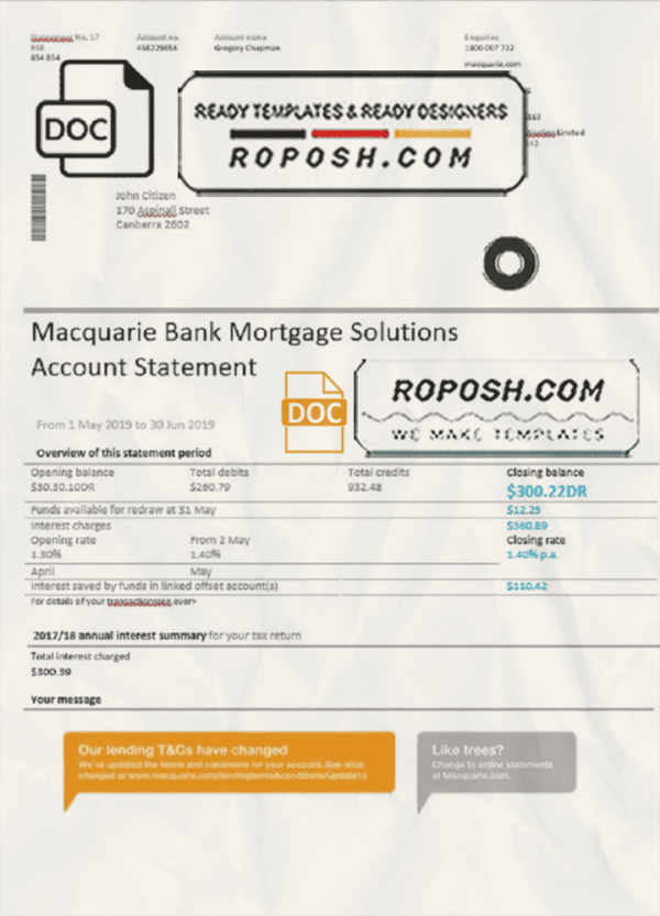 Australia Macquarie proof of address bank statement template in Word and PDF format (.doc and .pdf)