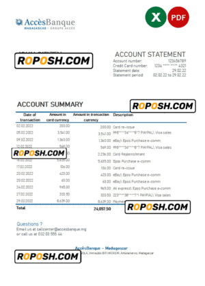 Madagascar Acces Banque statement Excel and PDF template
