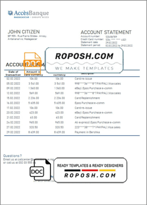 Madagascar Acces Banque bank statement template in Word and PDF format