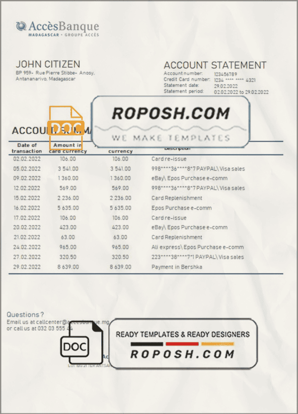 Madagascar Acces Banque bank statement template in Word and PDF format