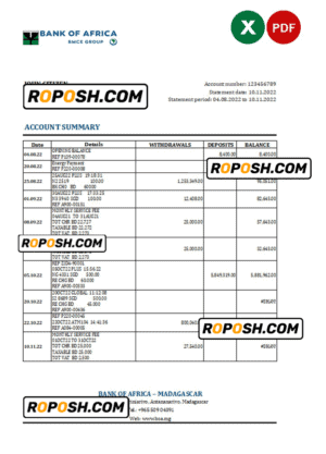 Madagascar Bank of Africa bank statement Excel and PDF template