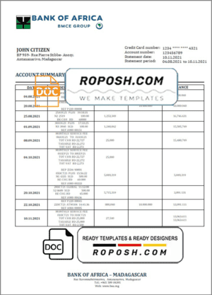 Madagascar Bank of Africa bank statement template in Word and PDF format