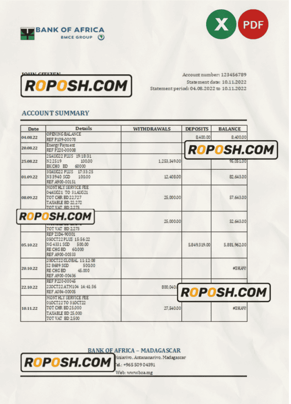 Madagascar Bank of Africa bank statement Excel and PDF template