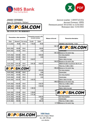 Malawi NBS bank statement Excel and PDF template