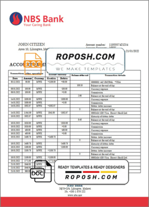 Malawi NBS bank statement template in Word and PDF format