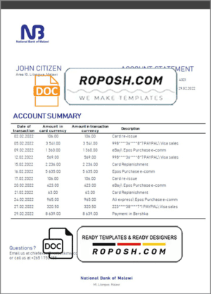 Malawi National Bank of Malawi bank statement template in Word and PDF format