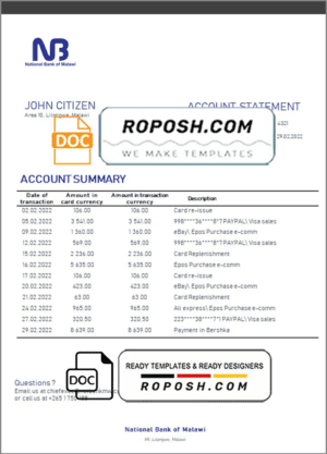 Malawi National Bank of Malawi bank statement template in Word and PDF format