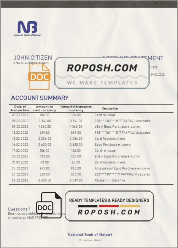 Malawi National Bank of Malawi bank statement template in Word and PDF format