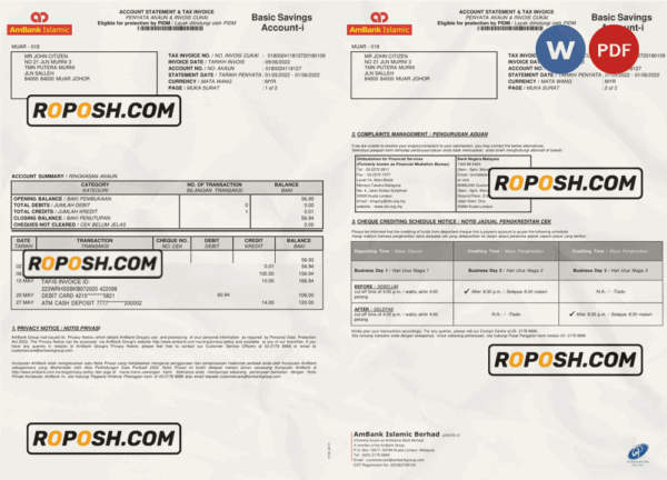 Malaysia AmBank Islamic bank statement template in Word and PDF format (2 pages)