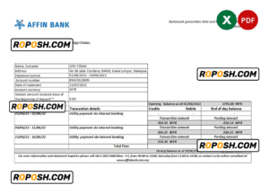 Malaysia Affin Bank statement Excel and PDF template