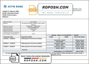 Malaysia Affin bank statement template in Word and PDF format