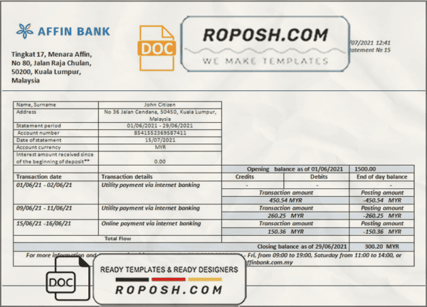 Malaysia Affin bank statement template in Word and PDF format