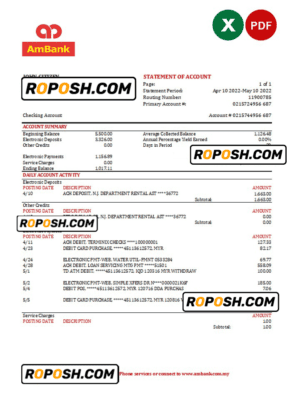 Malaysia AmBank bank statement Excel and PDF template