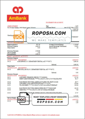 Malaysia AmBank bank statement template in Word and PDF format