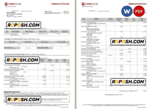 Malaysia CIMB bank statement Word and PDF template, 2 pages