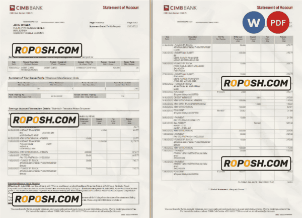 Malaysia CIMB bank statement Word and PDF template, 2 pages