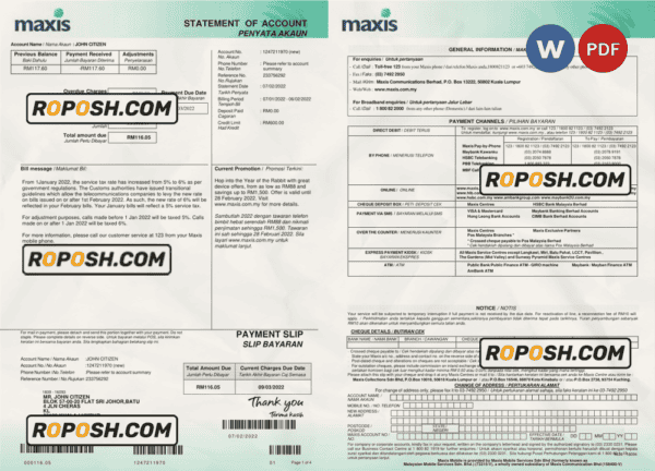 Malaysia Maxis bank statement, Word and PDF template, 5 pages