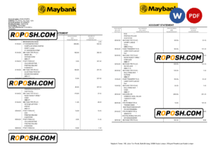 Malaysia Maybank bank statement Word and PDF template, 2 pages