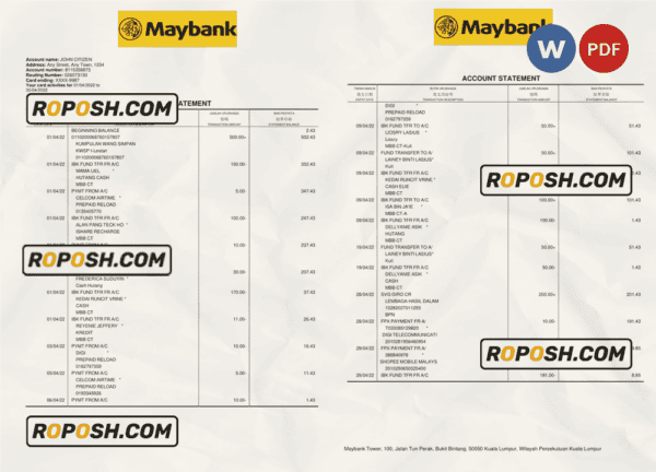 Malaysia Maybank bank statement Word and PDF template, 2 pages