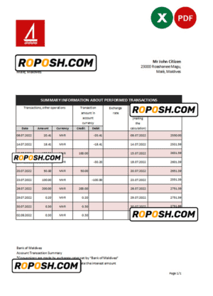 Maldives Bank of Maldives bank statement Excel and PDF template