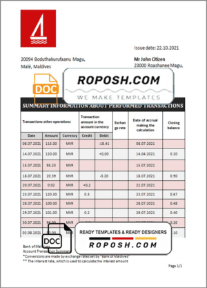 Maldives Bank of Maldives bank statement template in Word and PDF format