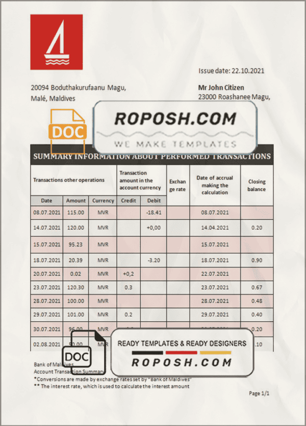 Maldives Bank of Maldives bank statement template in Word and PDF format