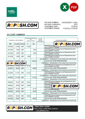 Maldives HBL bank statement Excel and PDF template