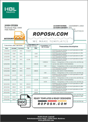 Maldives HBL bank statement template in Word and PDF format