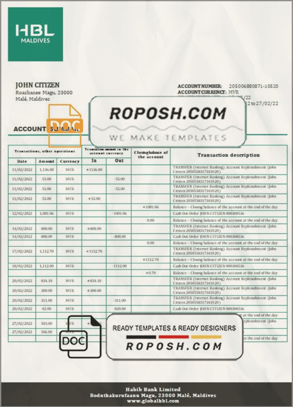 Maldives HBL bank statement template in Word and PDF format