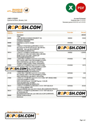 Mali Banque Atlantiaque bank statement Excel and PDF template