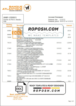 Mali Banque Atlantiaque bank statement template in Word and PDF format, .doc and .pdf format