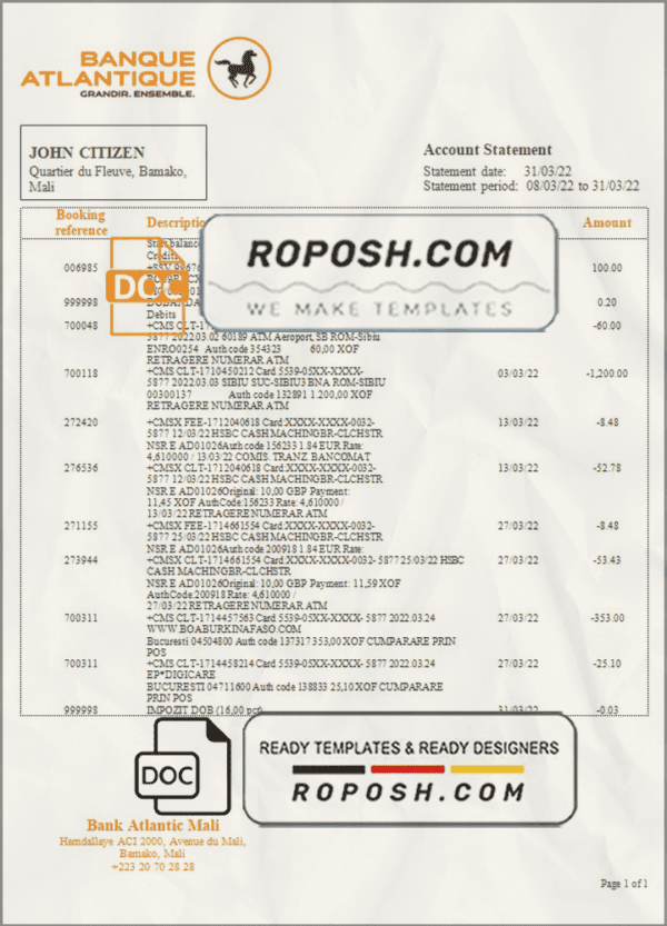 Mali Banque Atlantiaque bank statement template in Word and PDF format, .doc and .pdf format