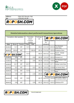 Mali Banque Commerciale du Sahel bank statement Excel and PDF template